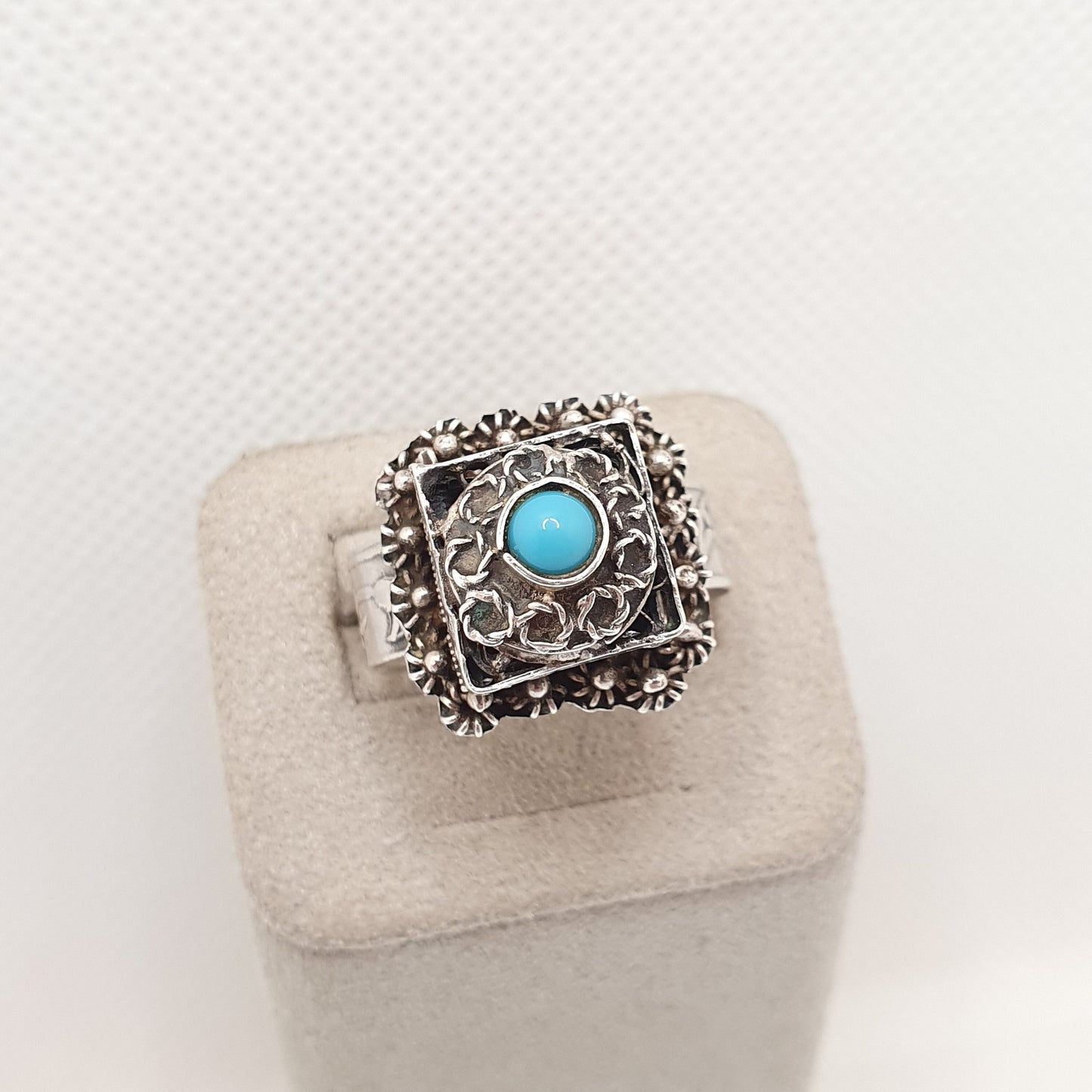 Vintage Sterling Silver Locket Ring Poison Signet Egyptian Faux Turquoise Filigree Opening Secret Compartment Square Jewelry Jewellery
