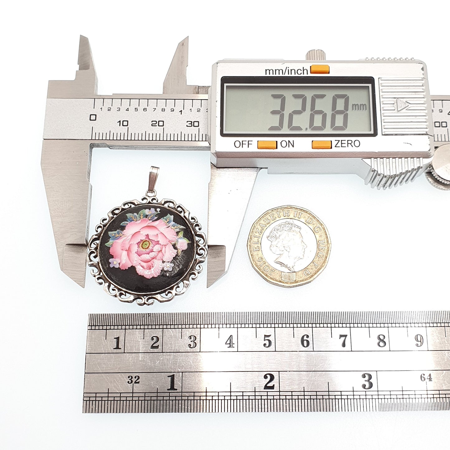 Vintage Toshikane Japanese Porcelain Necklace Pendant Sterling Silver Flower 1979 Hallmark Hand Painted Pink Japan Womens Jewelry Jewellery