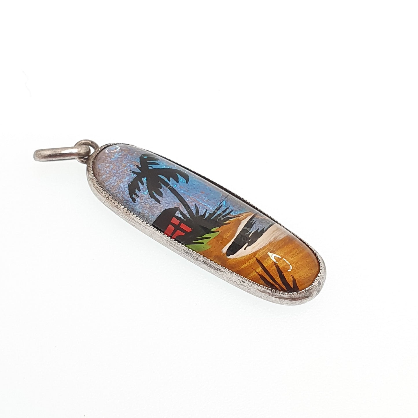 Antique Butterfly Wing Sterling Silver Pendant Palm Tree Beach Necklace Painted TLM Vintage 1920s Art Deco Insect Jewelry Jewellery Womens