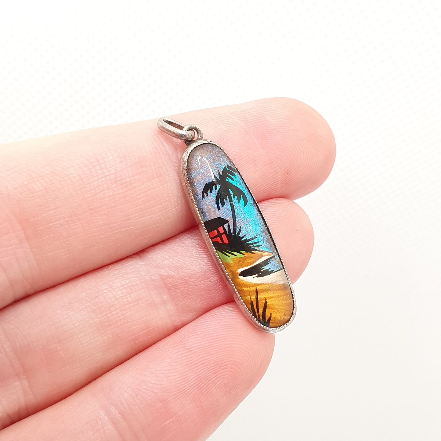 Antique Butterfly Wing Sterling Silver Pendant Palm Tree Beach Necklace Painted TLM Vintage 1920s Art Deco Insect Jewelry Jewellery Womens