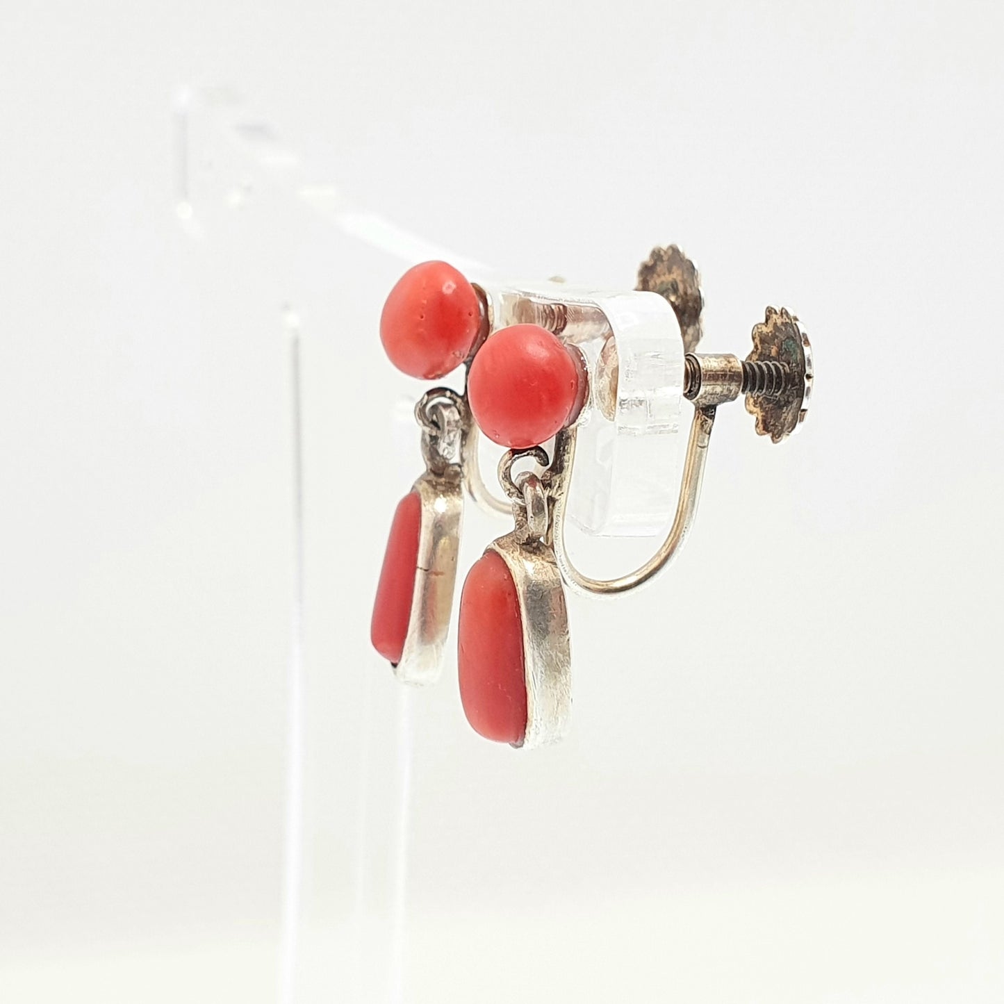 Antique Coral Solid Silver Earrings Hook Dangle Edwardian Dangling 1800s Genuine Italian Italy Vintage Womens Jewelry Jewellery