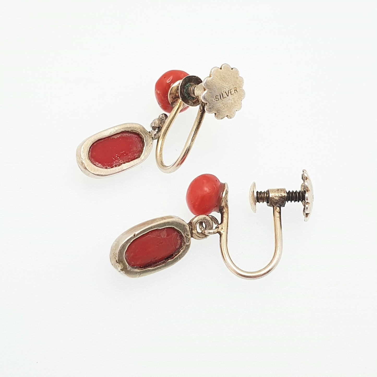 Antique Coral Solid Silver Earrings Hook Dangle Edwardian Dangling 1800s Genuine Italian Italy Vintage Womens Jewelry Jewellery