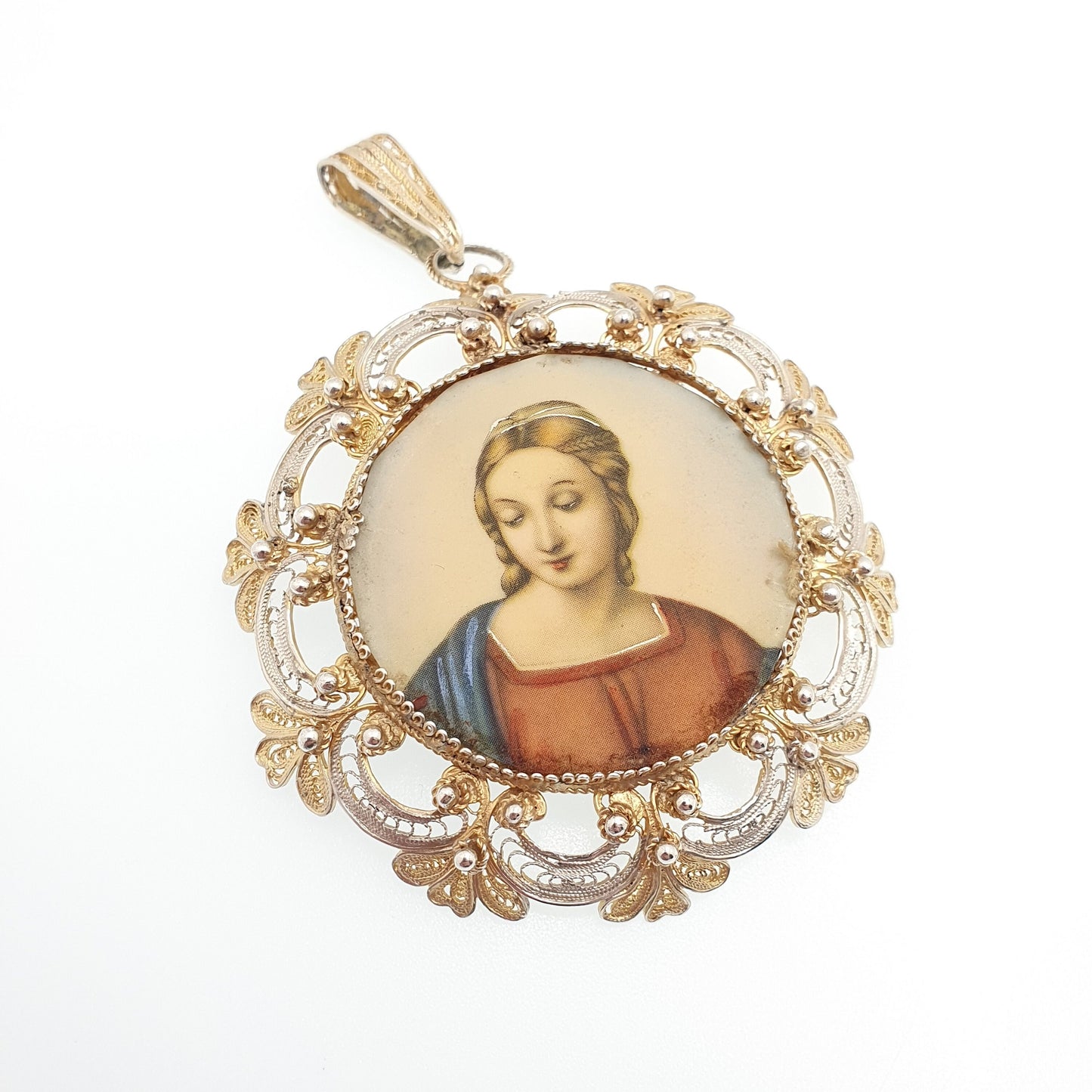 Vintage Solid Silver Filigree Portrait Locket Pendant Necklace Gold Vermeil Handmade Artisan Large Big Huge Picture Womens Jewellery Jewelry