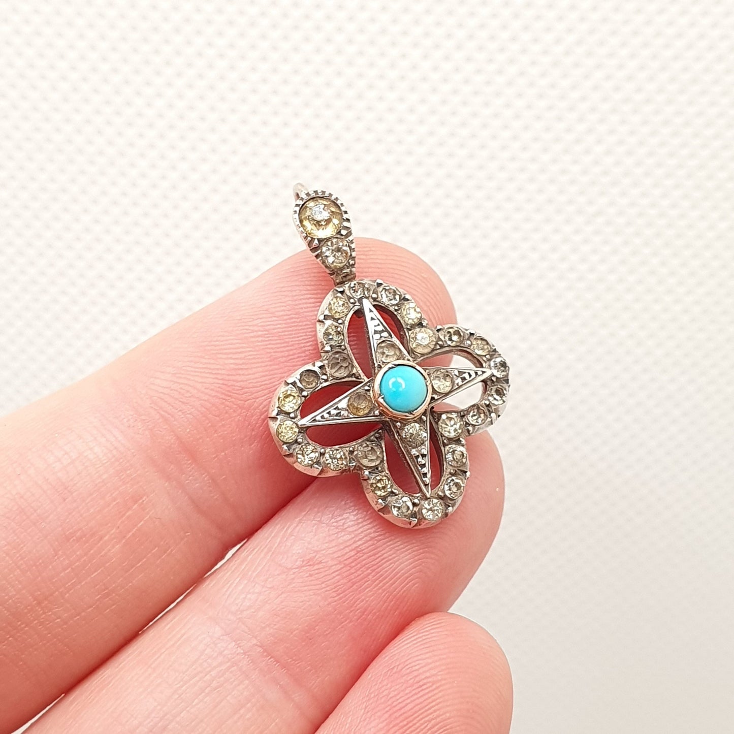 Antique Victorian Sterling Silver Diamond Paste Star Pendant Necklace Turquoise Parisian Diamond Company Cross Vintage Sparkly Foiled Womens