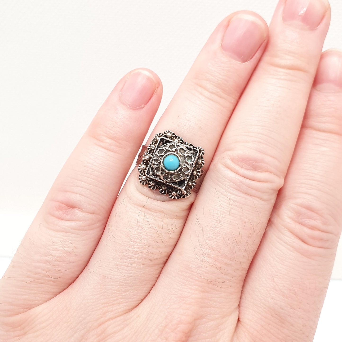 Vintage Sterling Silver Locket Ring Poison Signet Egyptian Faux Turquoise Filigree Opening Secret Compartment Square Jewelry Jewellery