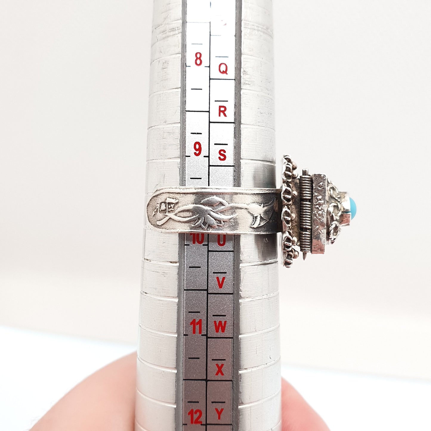 Vintage Sterling Silver Locket Ring Poison Signet Egyptian Faux Turquoise Filigree Opening Secret Compartment Square Jewelry Jewellery