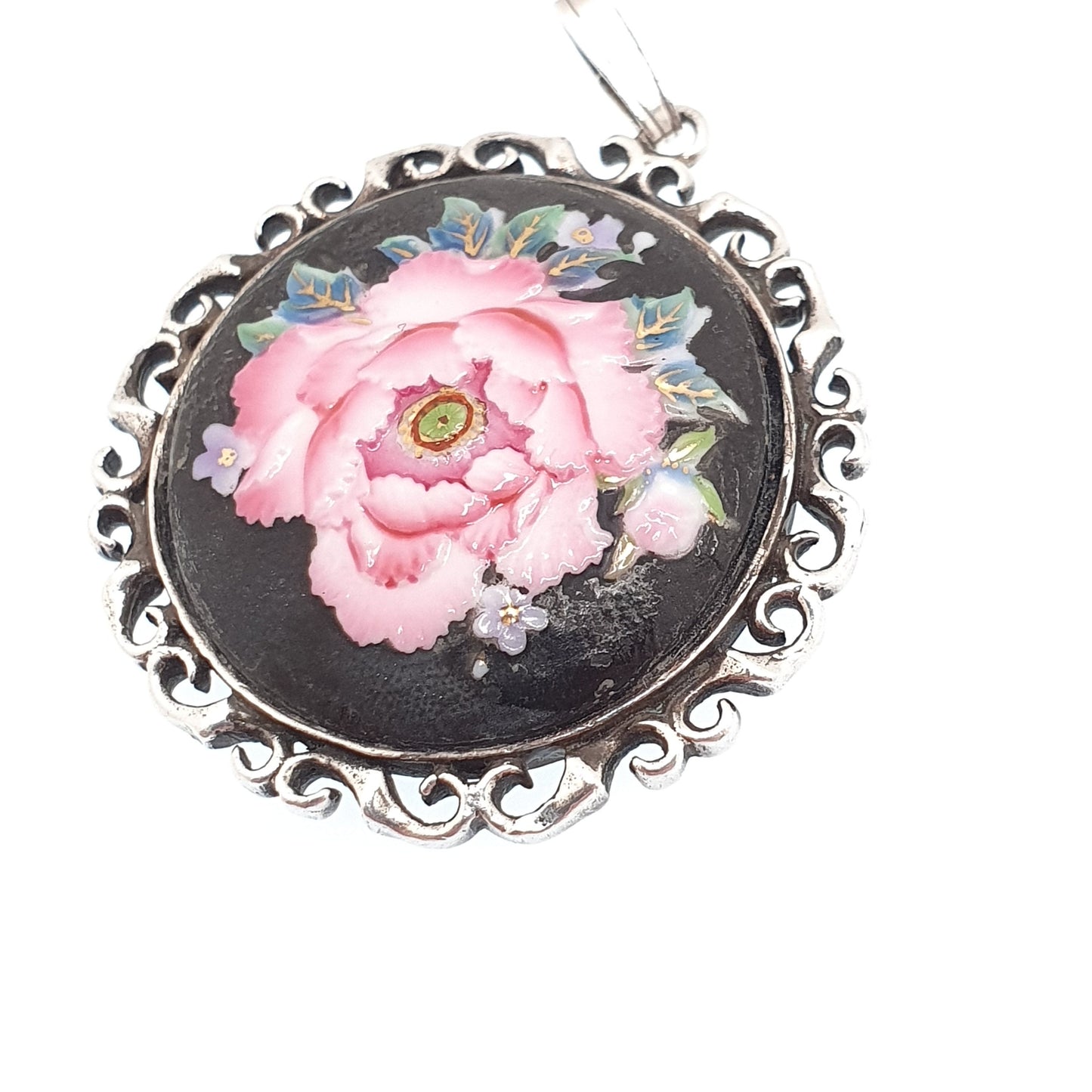 Vintage Toshikane Japanese Porcelain Necklace Pendant Sterling Silver Flower 1979 Hallmark Hand Painted Pink Japan Womens Jewelry Jewellery