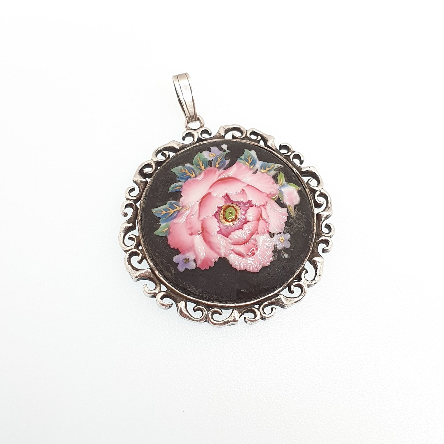 Vintage Toshikane Japanese Porcelain Necklace Pendant Sterling Silver Flower 1979 Hallmark Hand Painted Pink Japan Womens Jewelry Jewellery