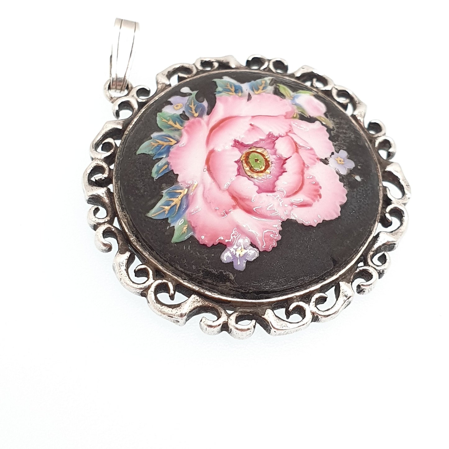 Vintage Toshikane Japanese Porcelain Necklace Pendant Sterling Silver Flower 1979 Hallmark Hand Painted Pink Japan Womens Jewelry Jewellery