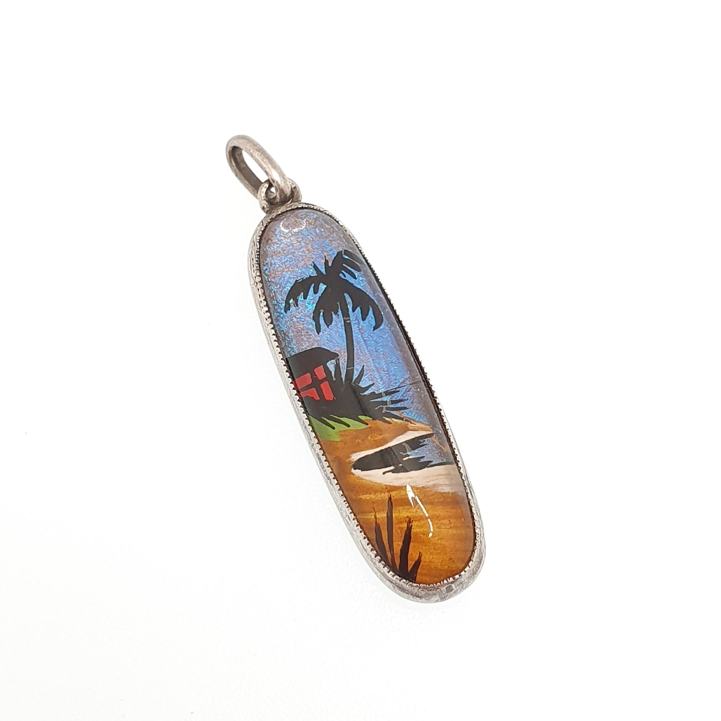Antique Butterfly Wing Sterling Silver Pendant Palm Tree Beach Necklace Painted TLM Vintage 1920s Art Deco Insect Jewelry Jewellery Womens