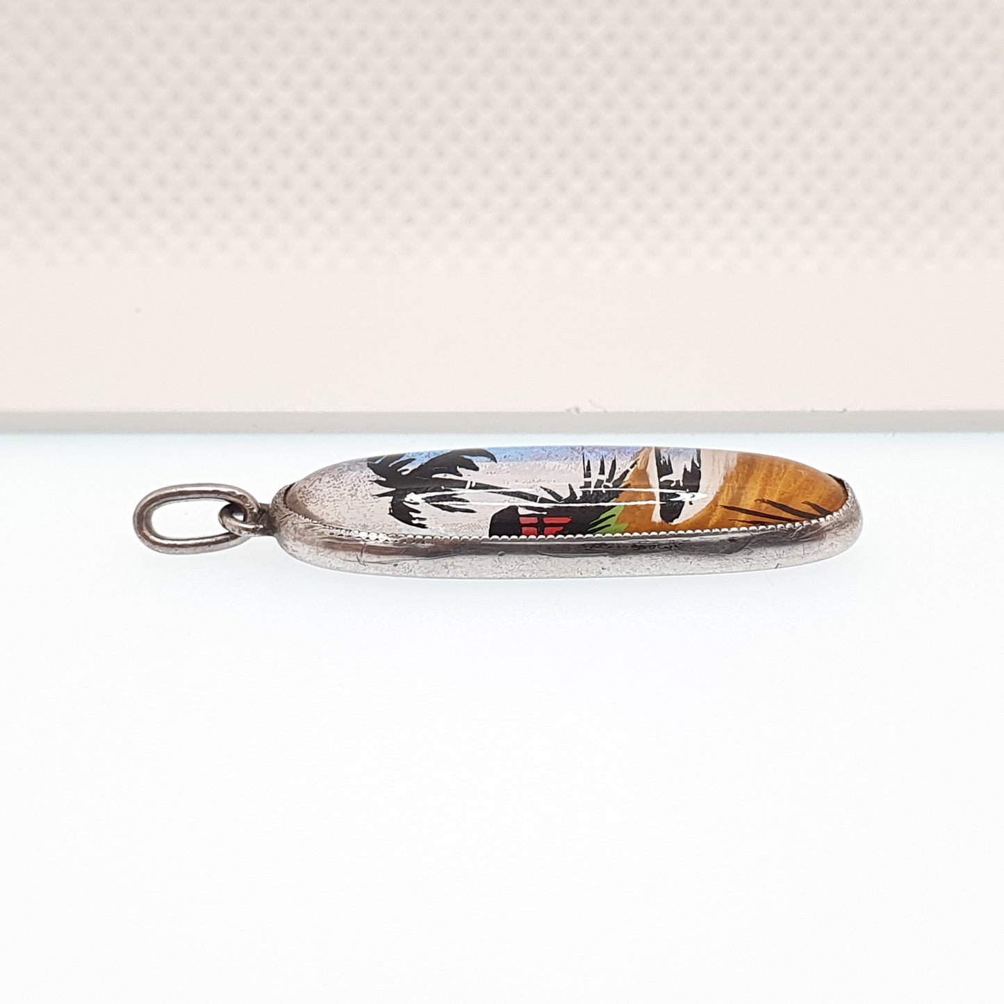 Antique Butterfly Wing Sterling Silver Pendant Palm Tree Beach Necklace Painted TLM Vintage 1920s Art Deco Insect Jewelry Jewellery Womens