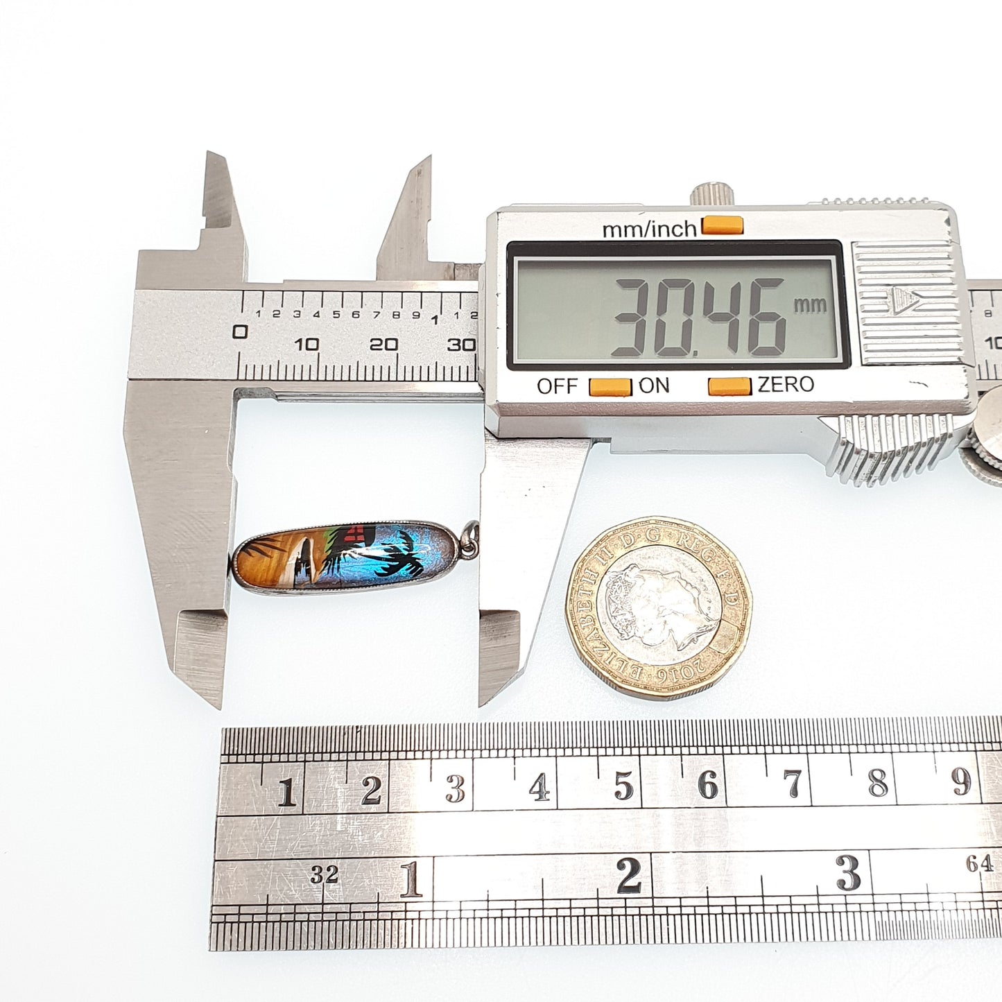 Antique Butterfly Wing Sterling Silver Pendant Palm Tree Beach Necklace Painted TLM Vintage 1920s Art Deco Insect Jewelry Jewellery Womens