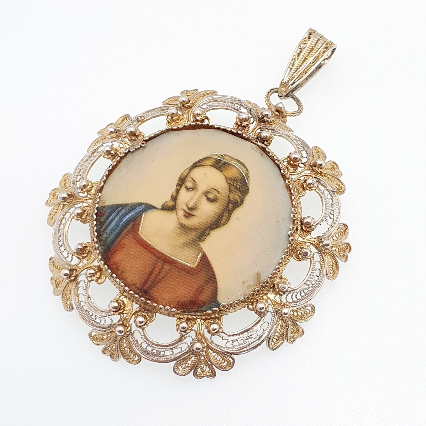 Vintage Solid Silver Filigree Portrait Locket Pendant Necklace Gold Vermeil Handmade Artisan Large Big Huge Picture Womens Jewellery Jewelry