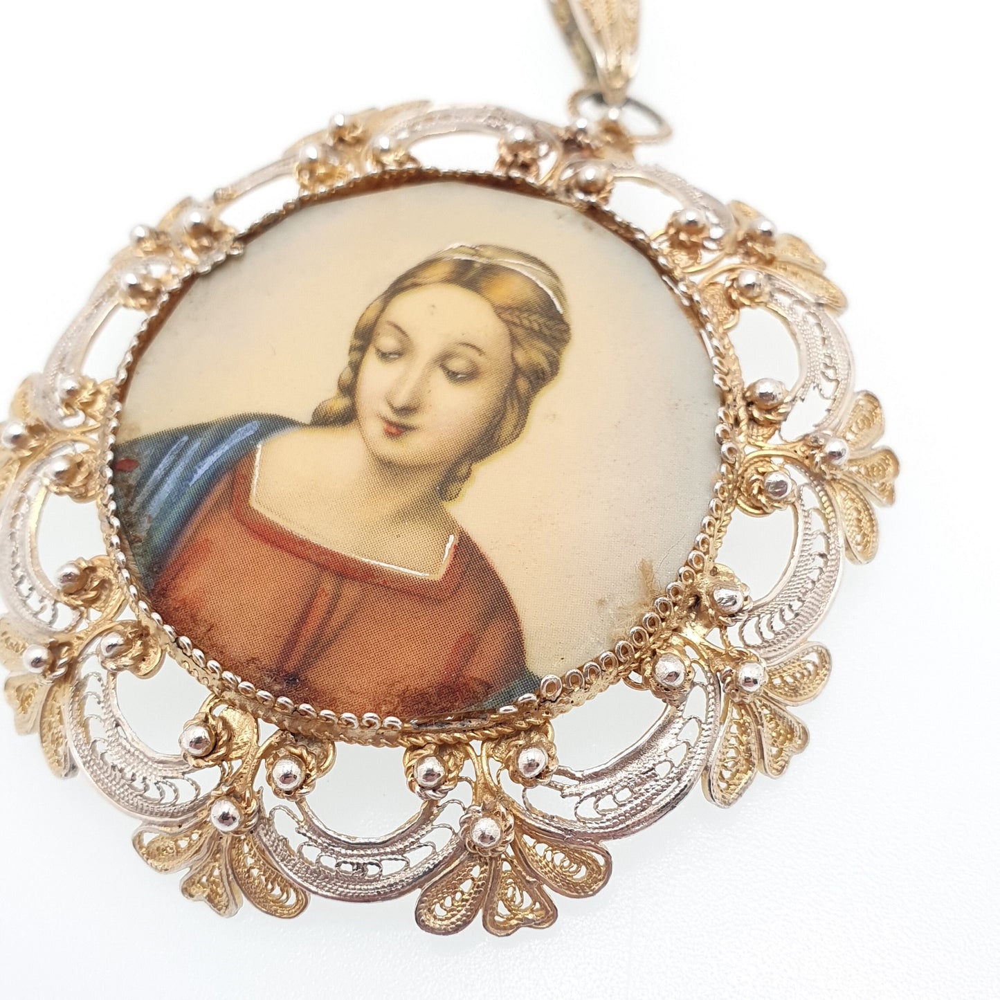Vintage Solid Silver Filigree Portrait Locket Pendant Necklace Gold Vermeil Handmade Artisan Large Big Huge Picture Womens Jewellery Jewelry