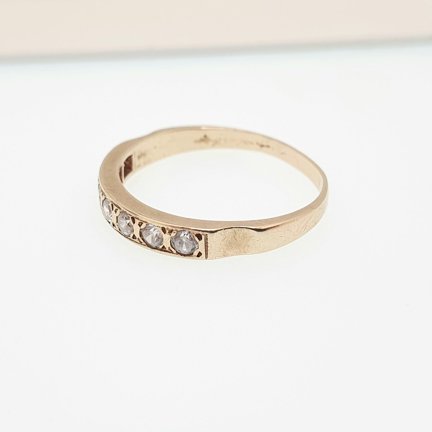 Vintage 9k 9ct Gold Half Eternity Ring CZ Gemstones Diamond Simulant Hallmarked Stacker Sparkly Solid 375 Retro Womens Jewelry Jewellery