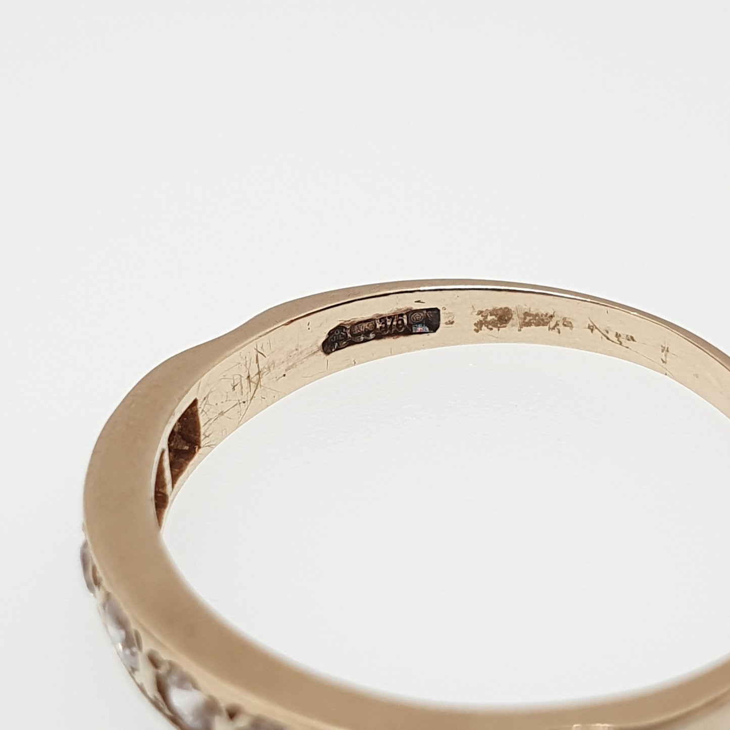 Vintage 9k 9ct Gold Half Eternity Ring CZ Gemstones Diamond Simulant Hallmarked Stacker Sparkly Solid 375 Retro Womens Jewelry Jewellery
