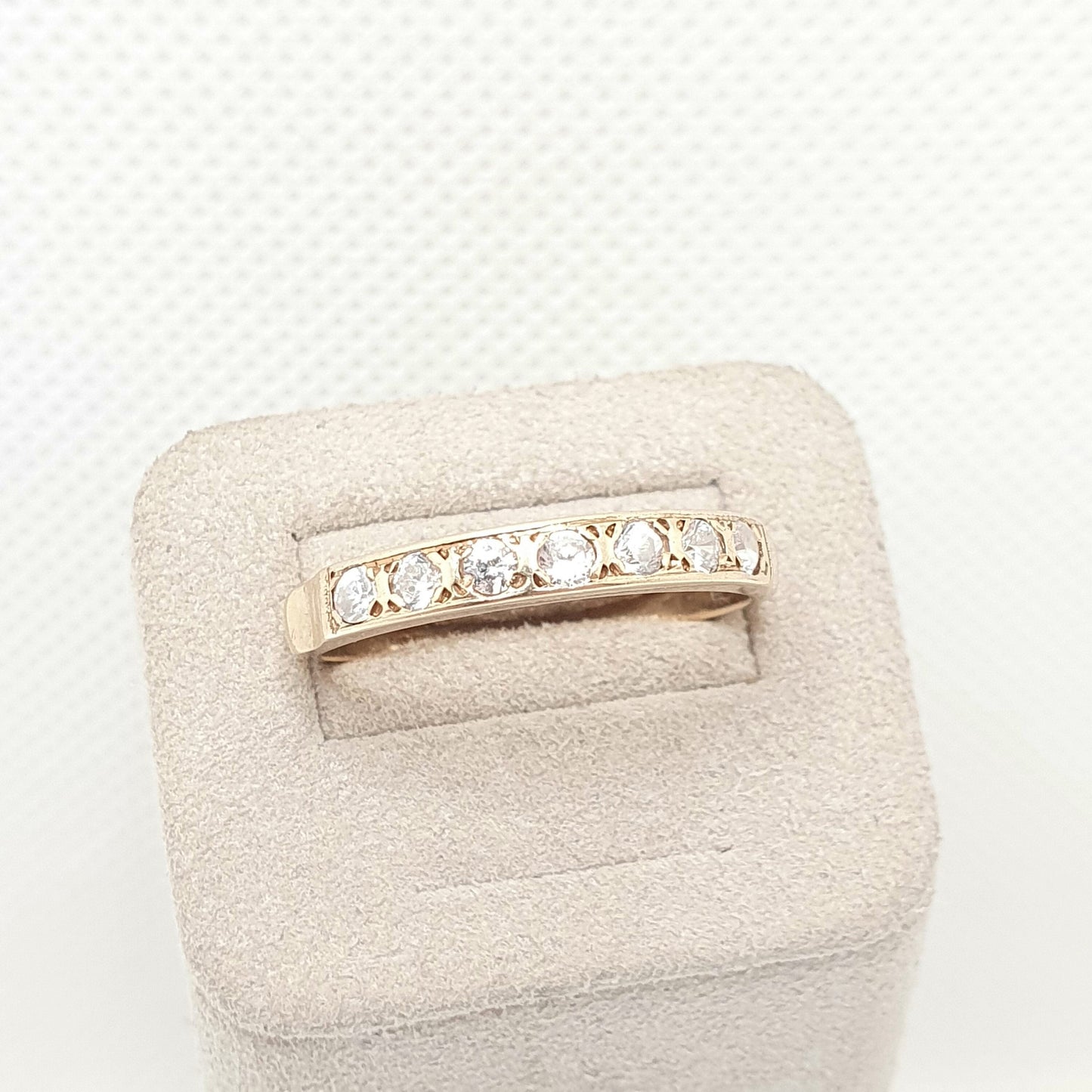 Vintage 9k 9ct Gold Half Eternity Ring CZ Gemstones Diamond Simulant Hallmarked Stacker Sparkly Solid 375 Retro Womens Jewelry Jewellery