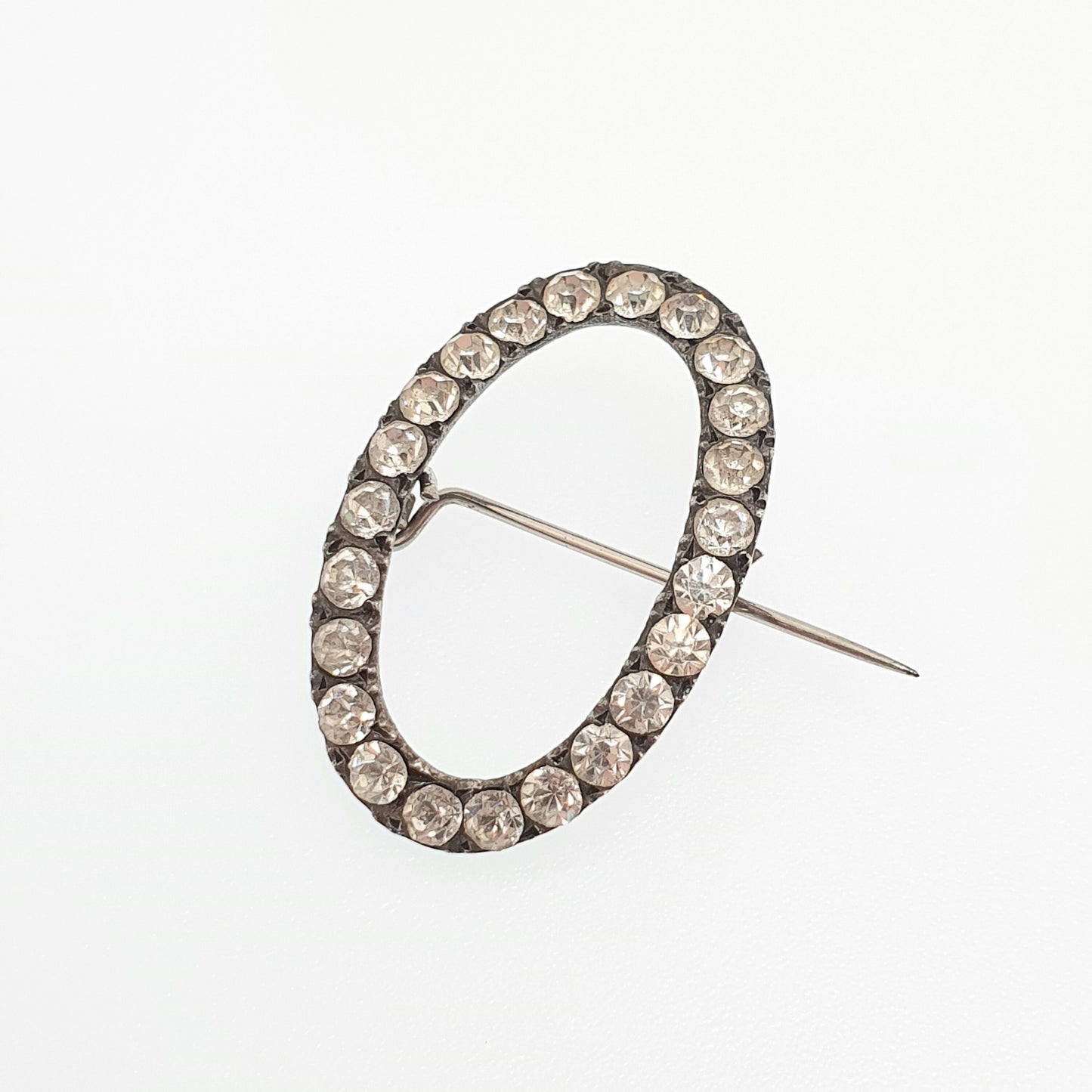 Antique Georgian Paste Solid Silver Brooch Pin Shoe Buckle Foiled Diamond Paste Oval Shape Crimped Vintage Ladies Womens Jewelry Jewellery