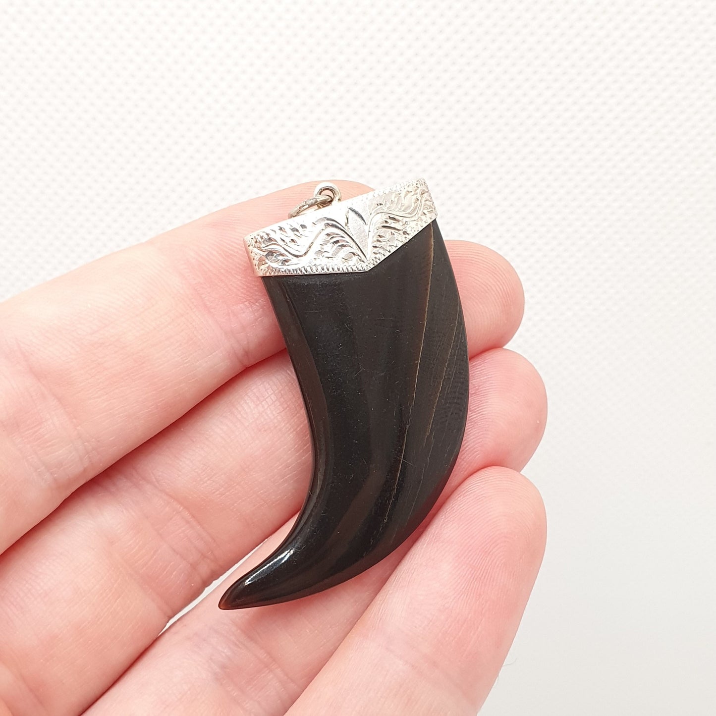 Antique Victorian Sterling Silver Horn Fang Tooth Pendant Necklace Large Big Engraved Claw Animal Vintage Jewelry Jewellery Mens Womens