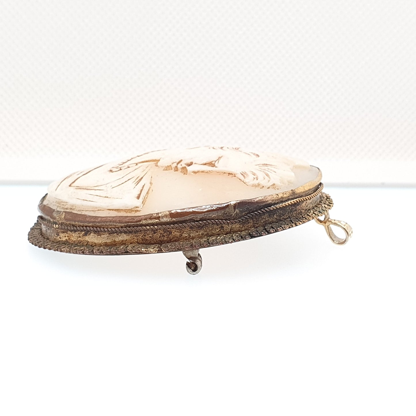 Antique Very Large Cameo Brooch Pendant Necklace Gold Gilt Big Real Shell Ornate Border Vintage European Italy Jewelry Womens Jewellery