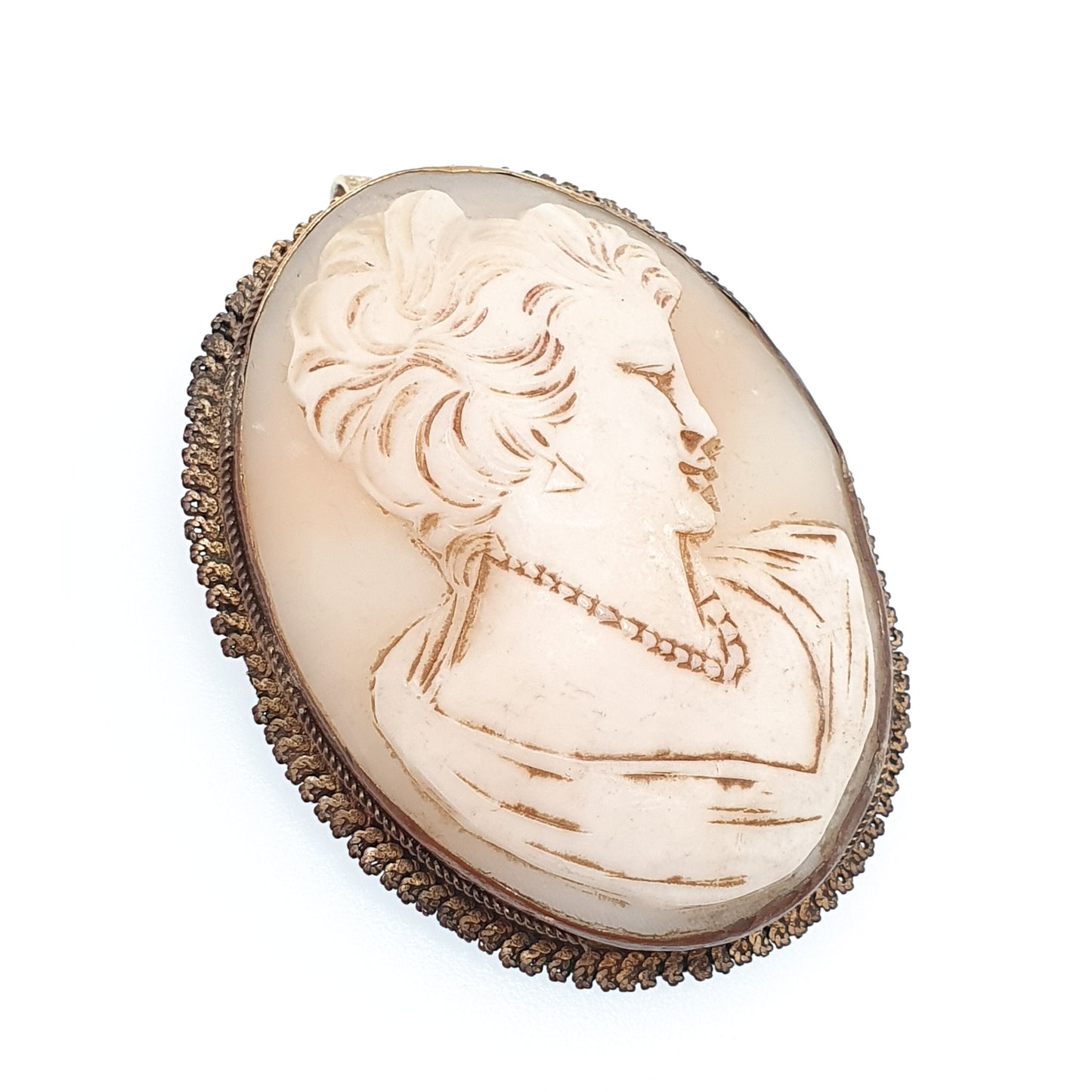 Antique Very Large Cameo Brooch Pendant Necklace Gold Gilt Big Real Shell Ornate Border Vintage European Italy Jewelry Womens Jewellery