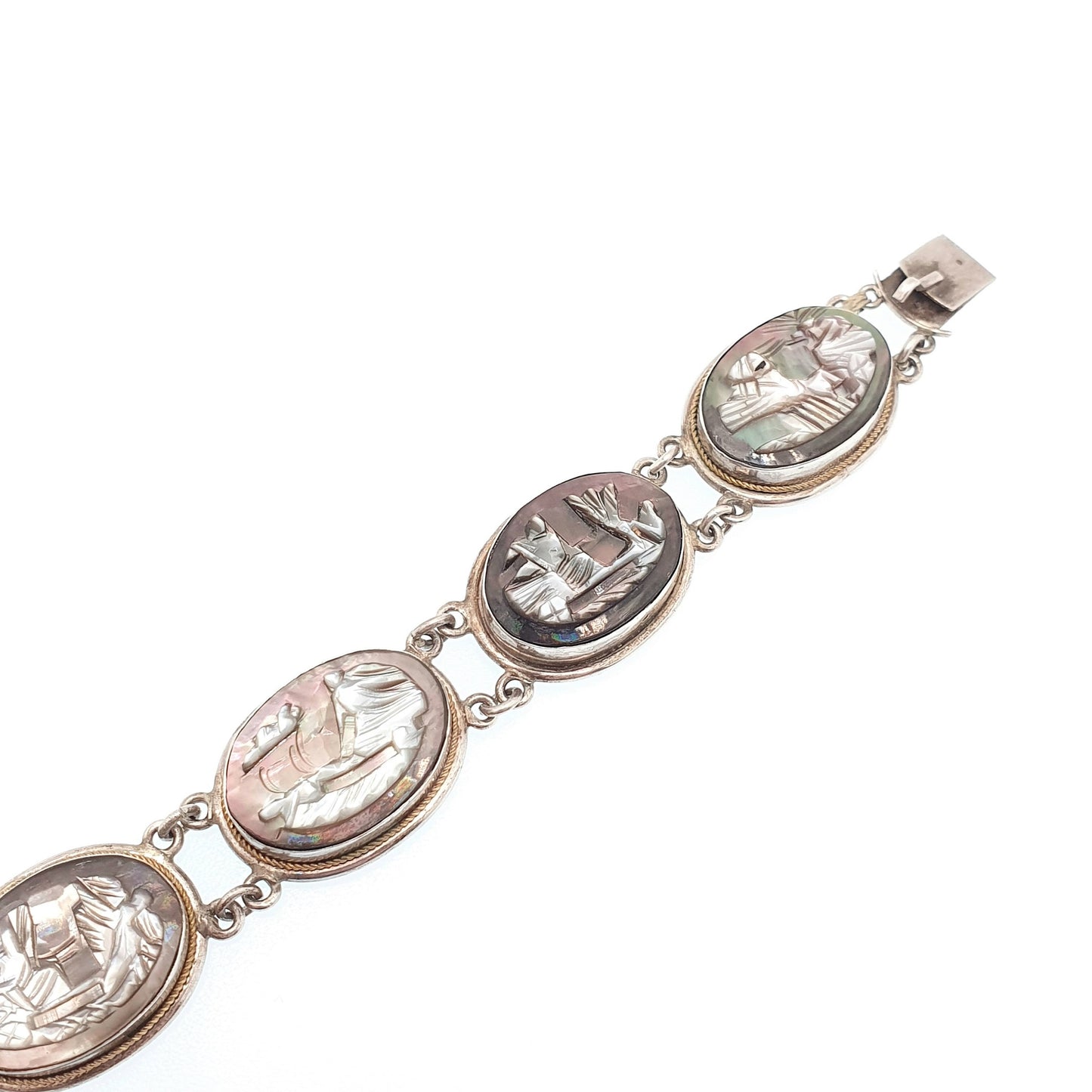 Antique Solid Silver Cameo Bracelet Abalone Art Deco Vintage 1920s Shell Hand Carved Handmade Artisan Womens Italian Jewelry Jewellery