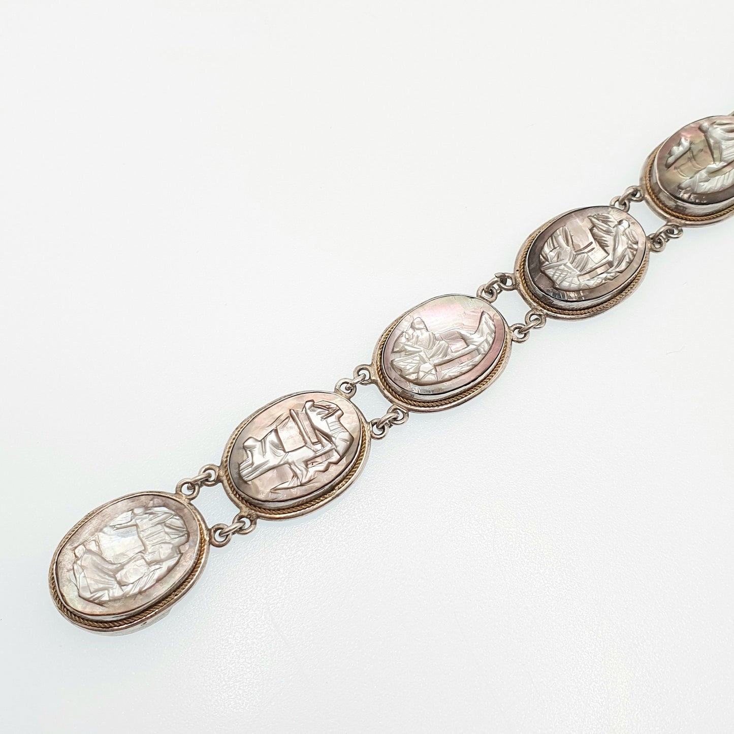 Antique Solid Silver Cameo Bracelet Abalone Art Deco Vintage 1920s Shell Hand Carved Handmade Artisan Womens Italian Jewelry Jewellery