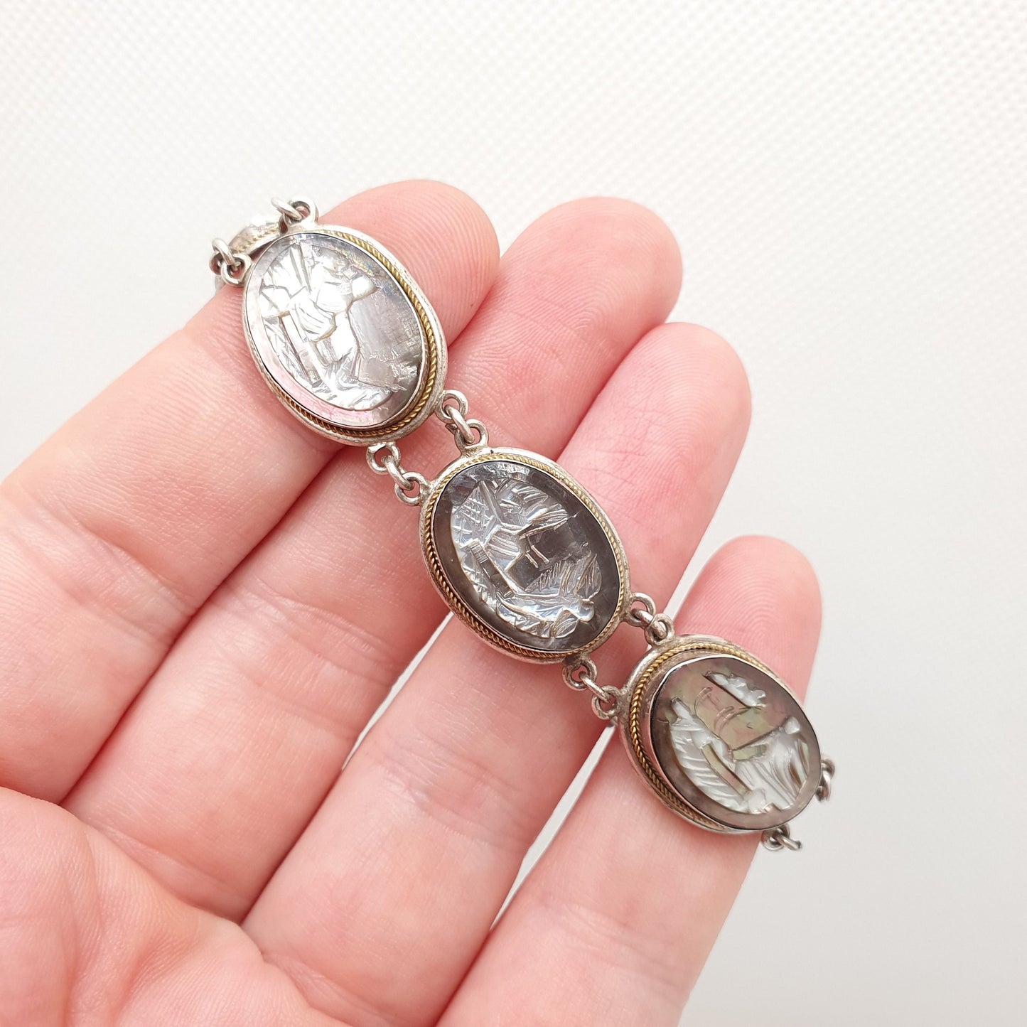 Antique Solid Silver Cameo Bracelet Abalone Art Deco Vintage 1920s Shell Hand Carved Handmade Artisan Womens Italian Jewelry Jewellery