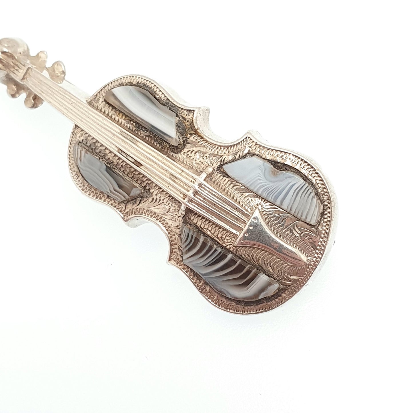 Antique Victorian Solid Silver Violin Brooch Blue Lace Agate Scottish Cello Music Musical Instrument Vintage Gemstone Womens Jewelry