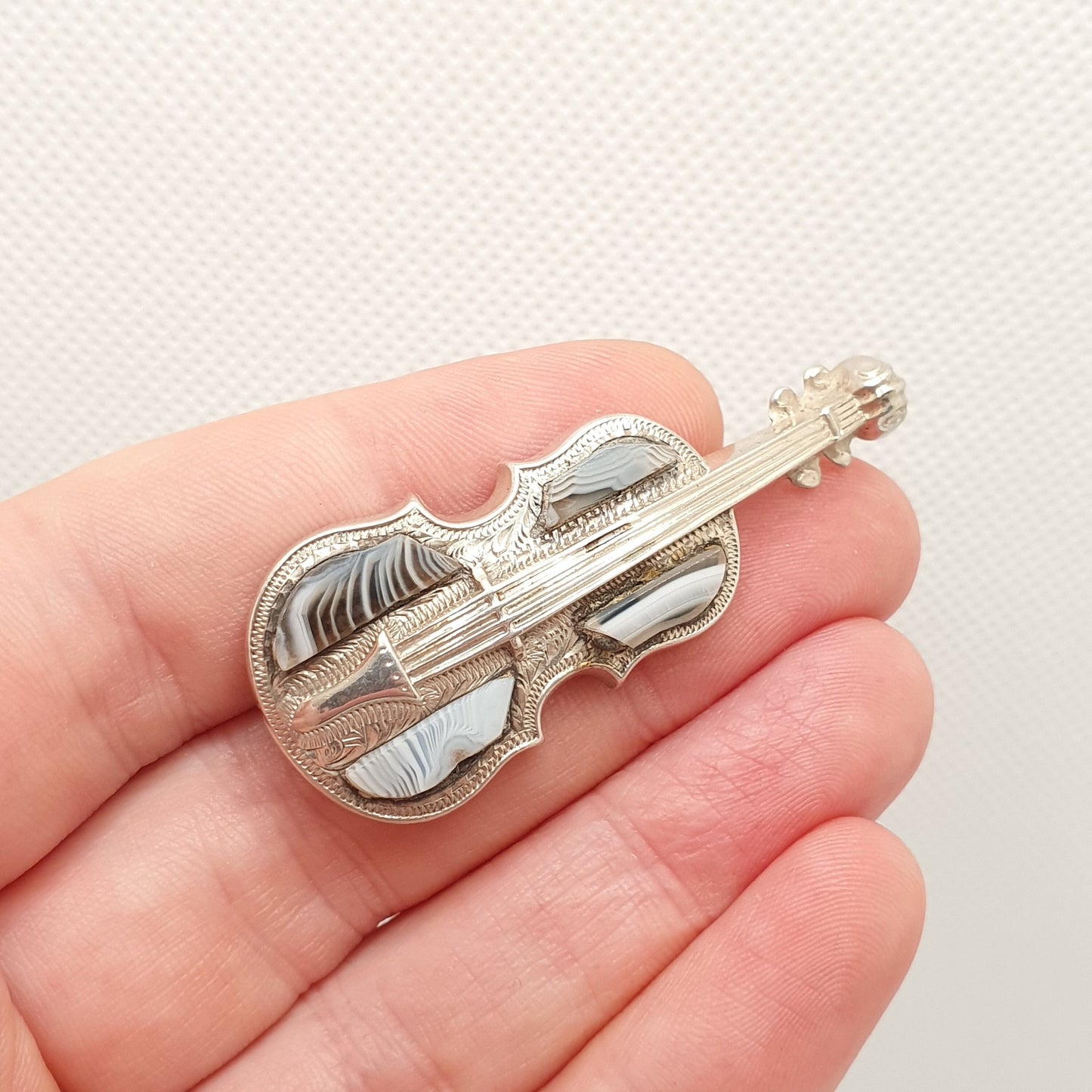 Antique Victorian Solid Silver Violin Brooch Blue Lace Agate Scottish Cello Music Musical Instrument Vintage Gemstone Womens Jewelry