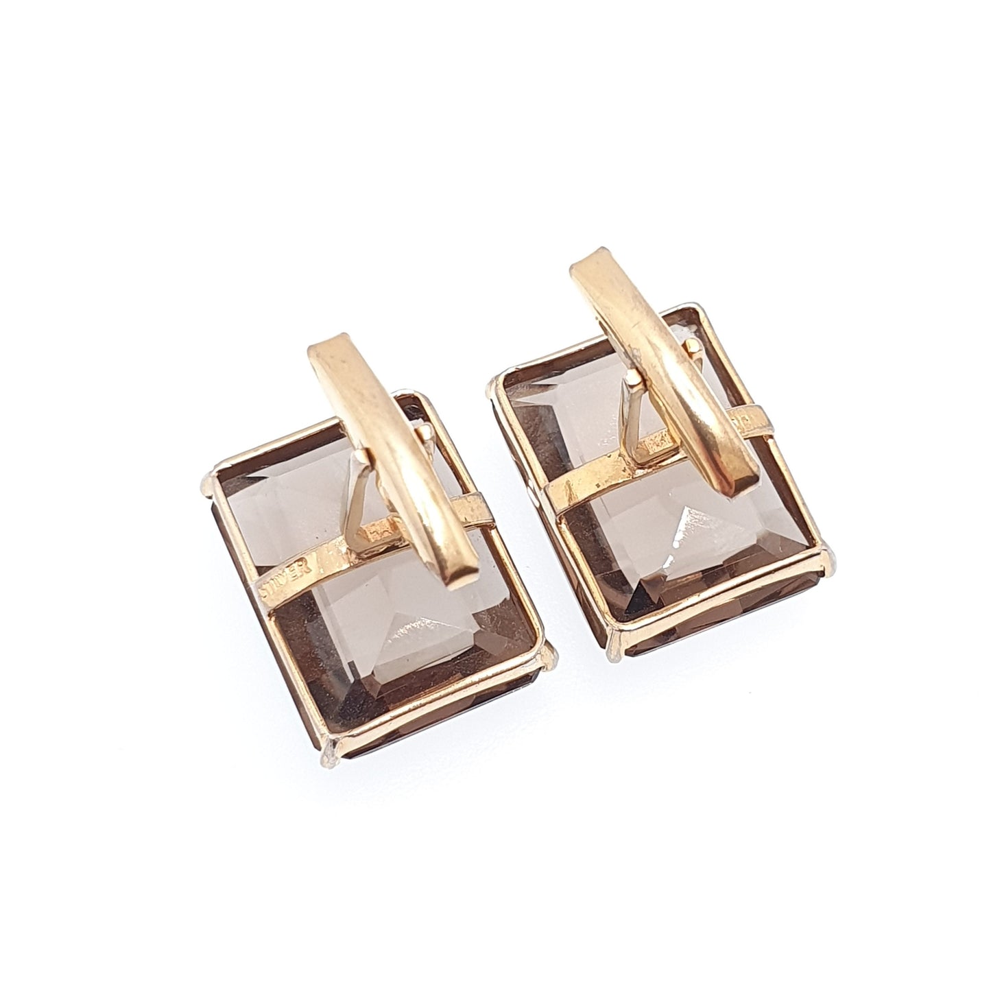 Vintage Solid Silver Smoky Quartz Cuff Links Smokey Cufflinks Gold Vermeil Gilt Large Gemstone Quartz Gent Mens Vintage Jewelry Jewellery