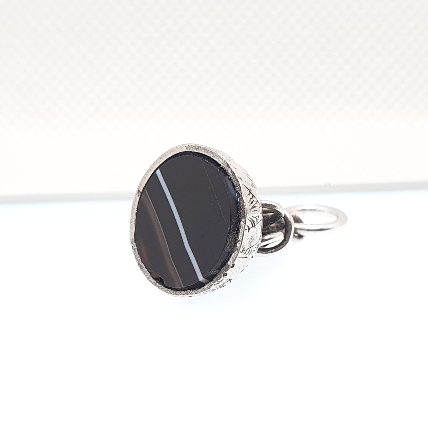 Antique Georgian Solid Silver Fob Necklace Pendant Humbug Agate Striped Banded Letter Seal Gemstone Fine Estate Vintage Jewelry Jewellery