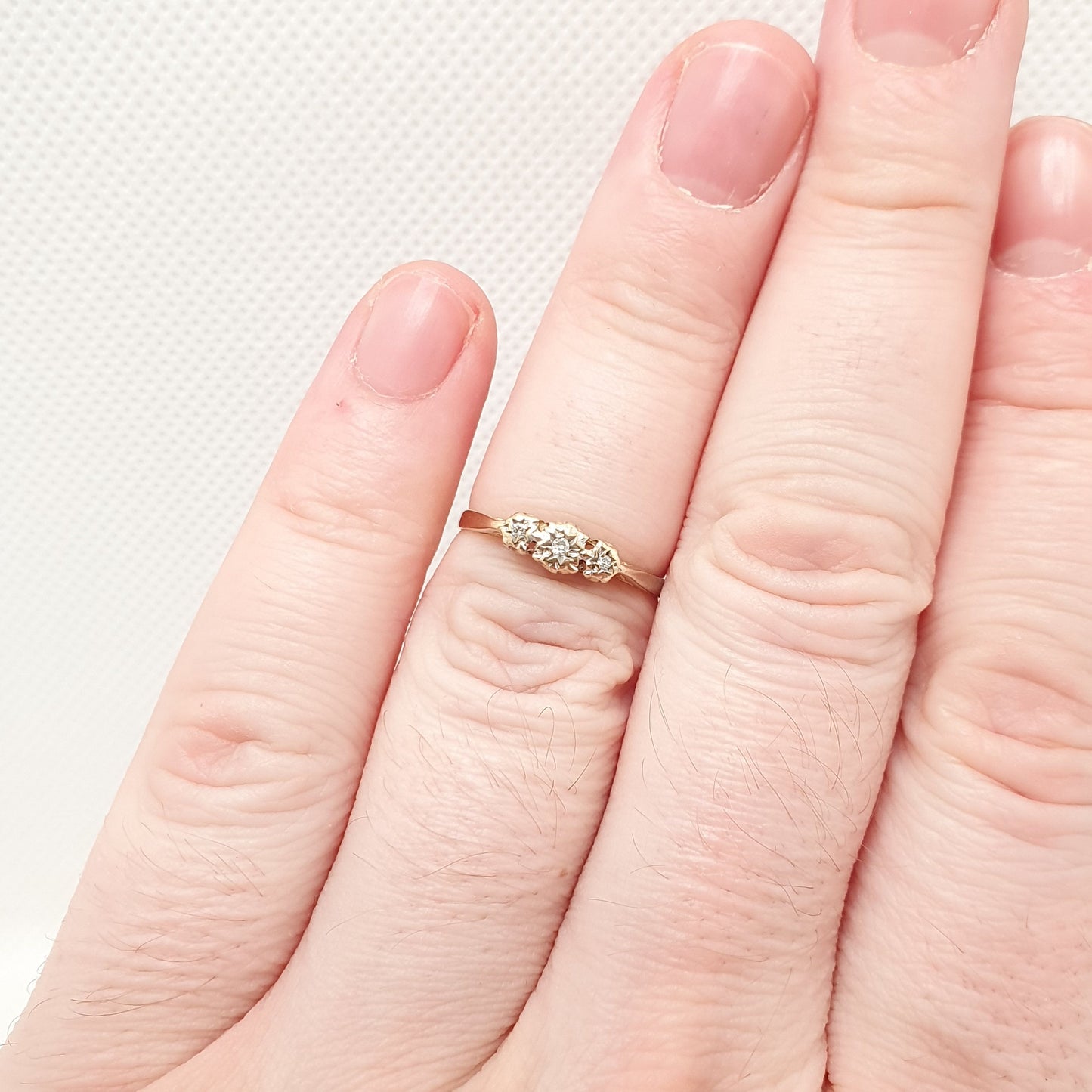 Vintage 9ct 9k Diamond Gold Ring Trilogy Diamonds Solid 375 3 Three Stone Sparkly Genuine Real Gemstone Fine Estate Womens Jewelry Jewellery