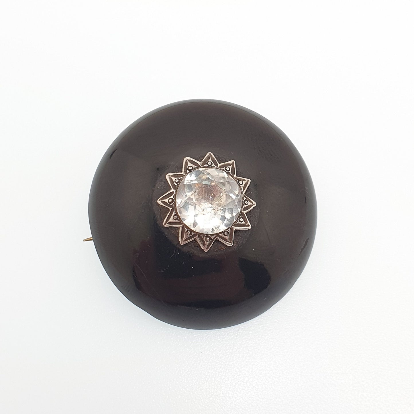 Antique Victorian Whitby Jet Diamond Paste Brooch Star Centre Dome Mourning Large Big Black Gemstone Vintage Womens Jewelry Jewellery
