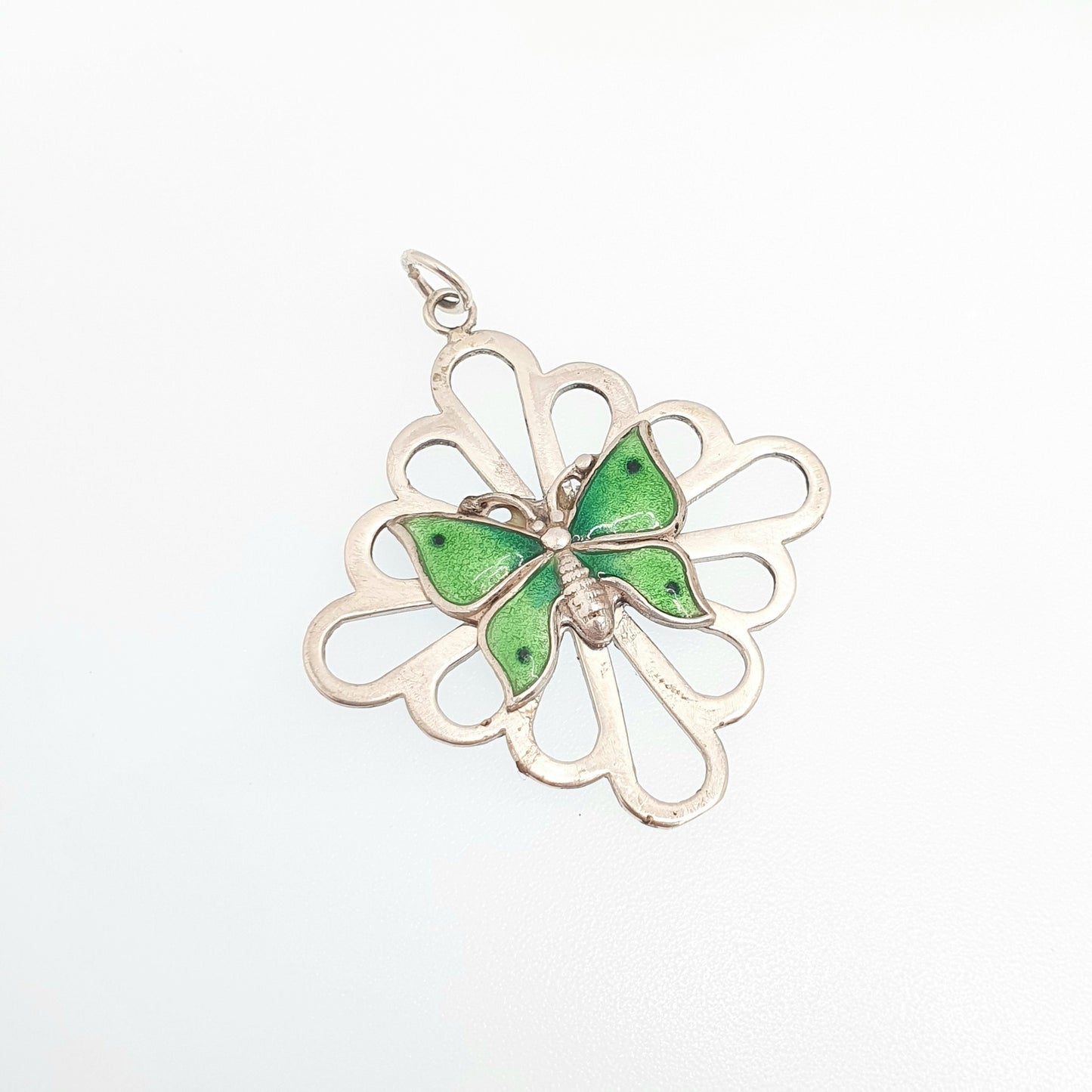 Antique Solid Silver Enamel Butterfly Pendant Necklace Art Nouveau Champleve Paste Insect Elegant Bug Fly Vintage Womens Jewelry Jewellery