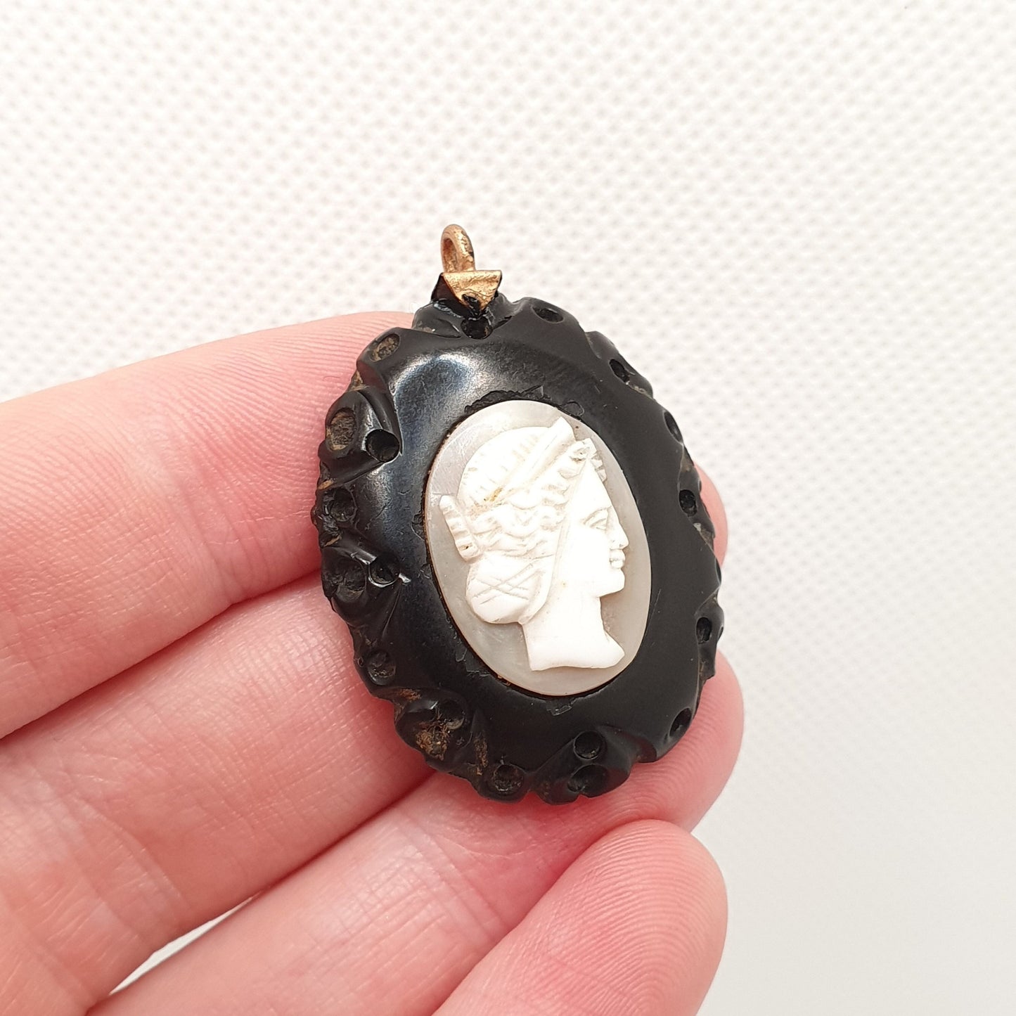 Antique Victorian Whitby Jet Cameo Pendant Necklace Genuine Shell Large Big Hand Carved Mourning Large 1800s Vintage Jewelry Jewellery