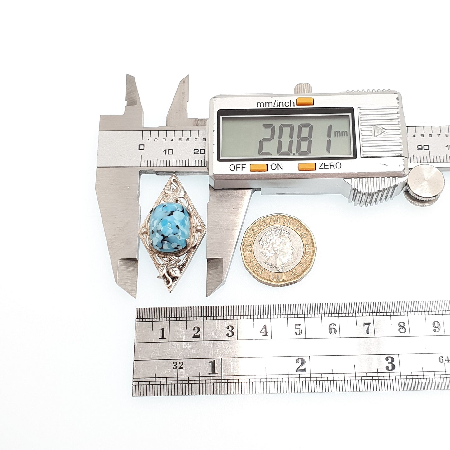 Antique Solid Silver Turquoise Matrix Glass Brooch Bernard Instone Style Art Nouveau 1930s Kite Shape Murano Venetian Vintage Jewelry