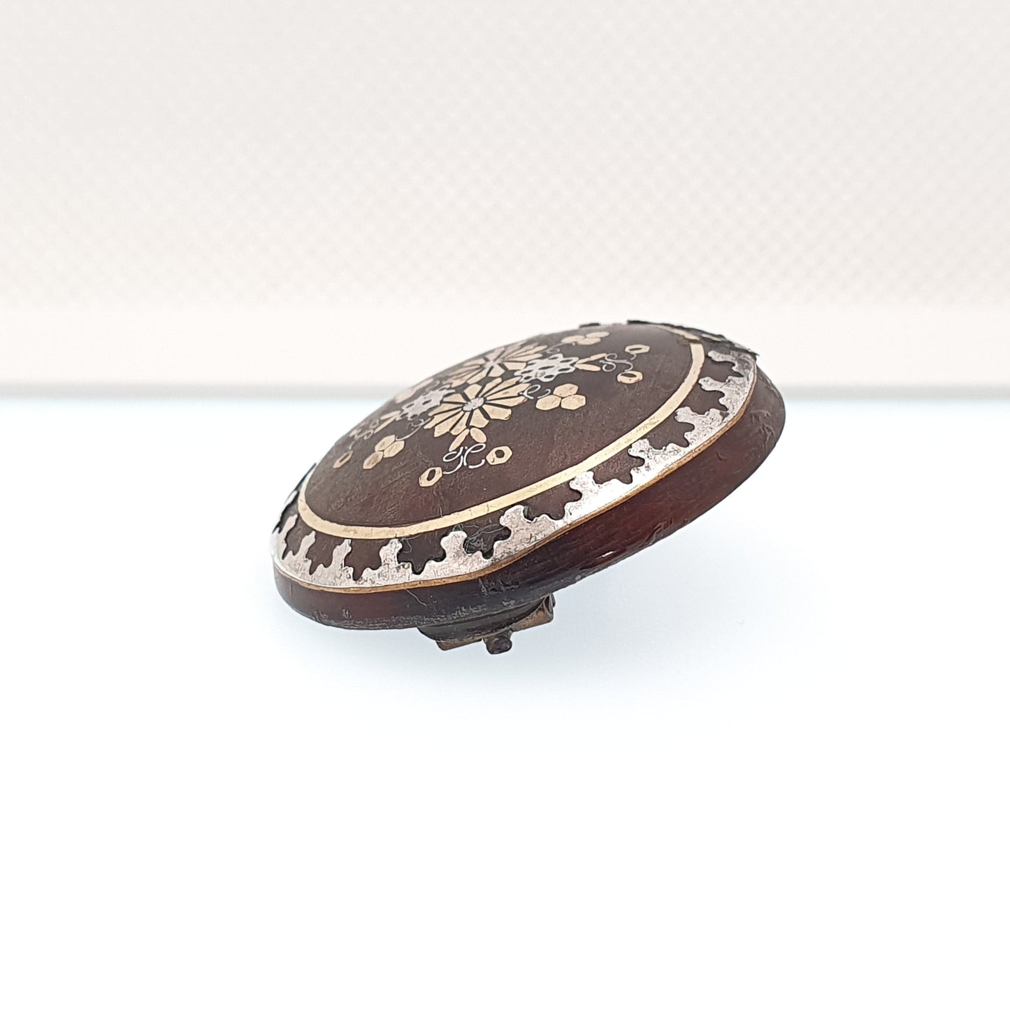 Antique Victorian Pique Brooch Flower Gold & Silver Inlay Dome Shield Round Circle 1800s Vintage Women Ladies Jewelry Jewellery