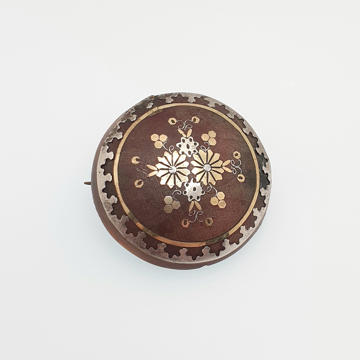 Antique Victorian Pique Brooch Flower Gold & Silver Inlay Dome Shield Round Circle 1800s Vintage Women Ladies Jewelry Jewellery
