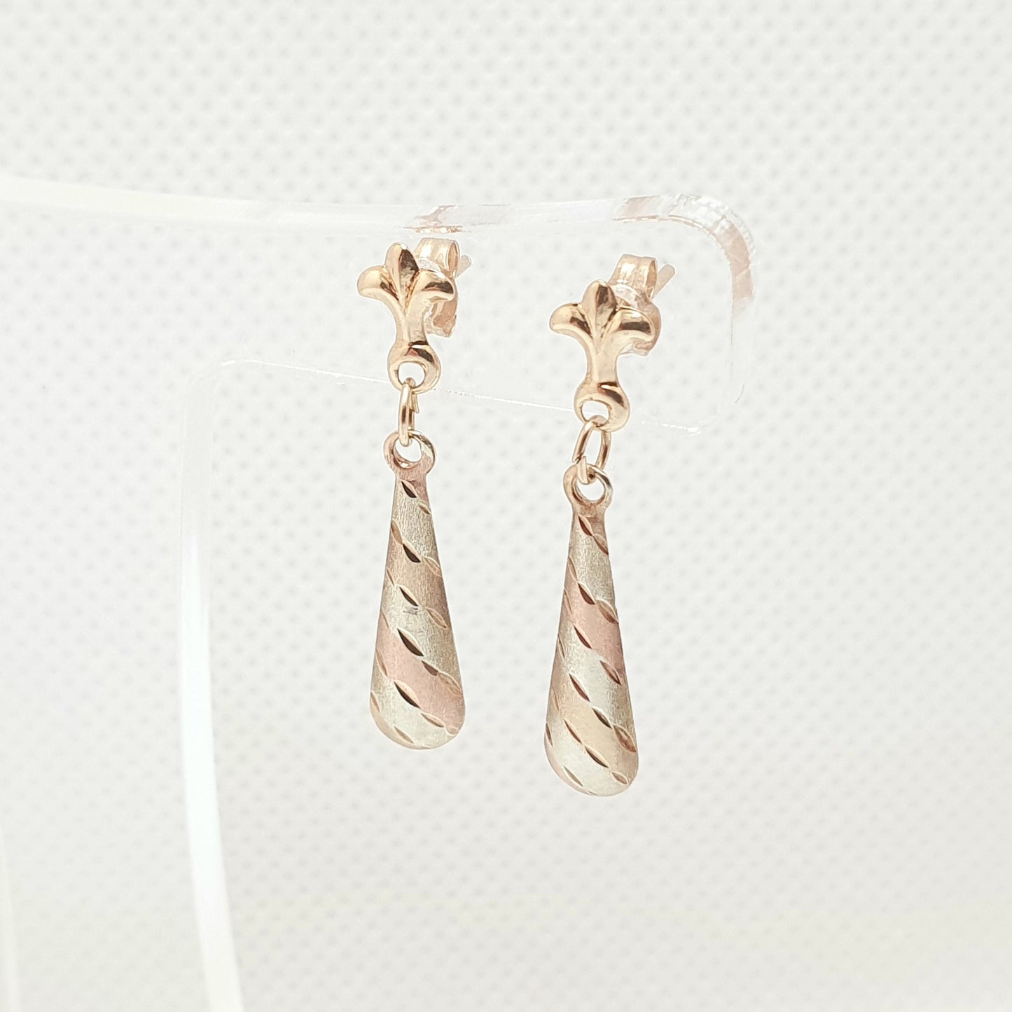 Vintage 9k 9ct Gold Teardrop Earrings Tri Colour Color Solid 375 Fleur De Lys Stud 1980s Fine Wide Thick Retro Womens Jewellrey Jewelry