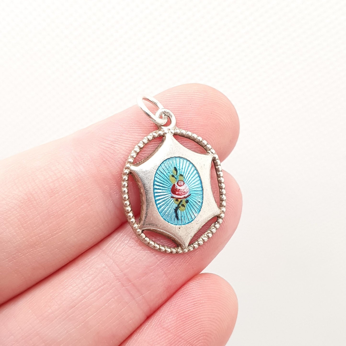 Antique CHARLES HORNER Sterling Silver Enamel Pendant Necklace Sky Blue Flower Champleve Art Nouveau Vintage Jewelry Genuine Jewellery