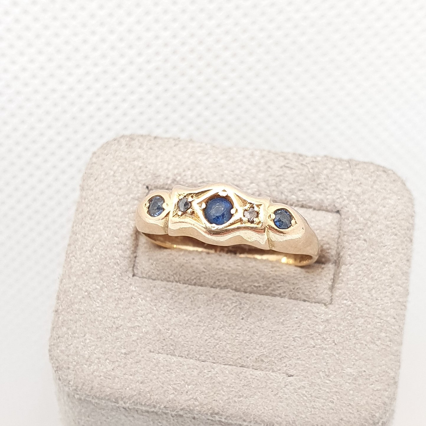 Antique Sapphire & Diamond Ring 18k 18ct Solid Gold 750 Victorian Five Gemstone Old Cut Womens Estate Genuine Vintage Jewelry Jewellery