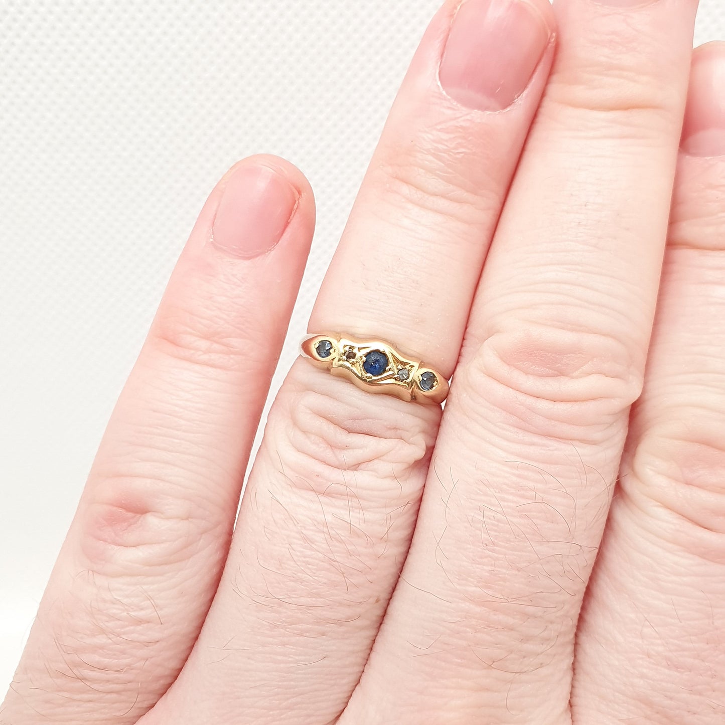 Antique Sapphire & Diamond Ring 18k 18ct Solid Gold 750 Victorian Five Gemstone Old Cut Womens Estate Genuine Vintage Jewelry Jewellery