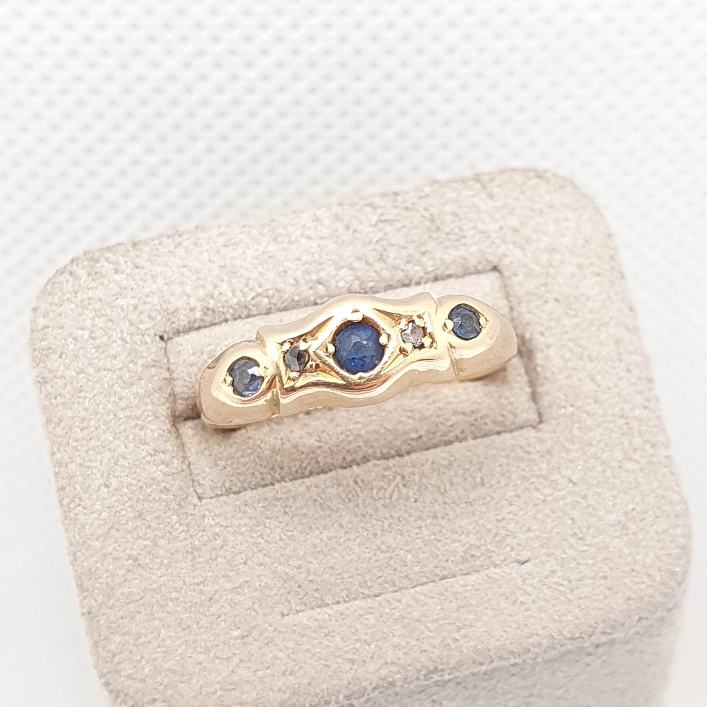 Antique Sapphire & Diamond Ring 18k 18ct Solid Gold 750 Victorian Five Gemstone Old Cut Womens Estate Genuine Vintage Jewelry Jewellery