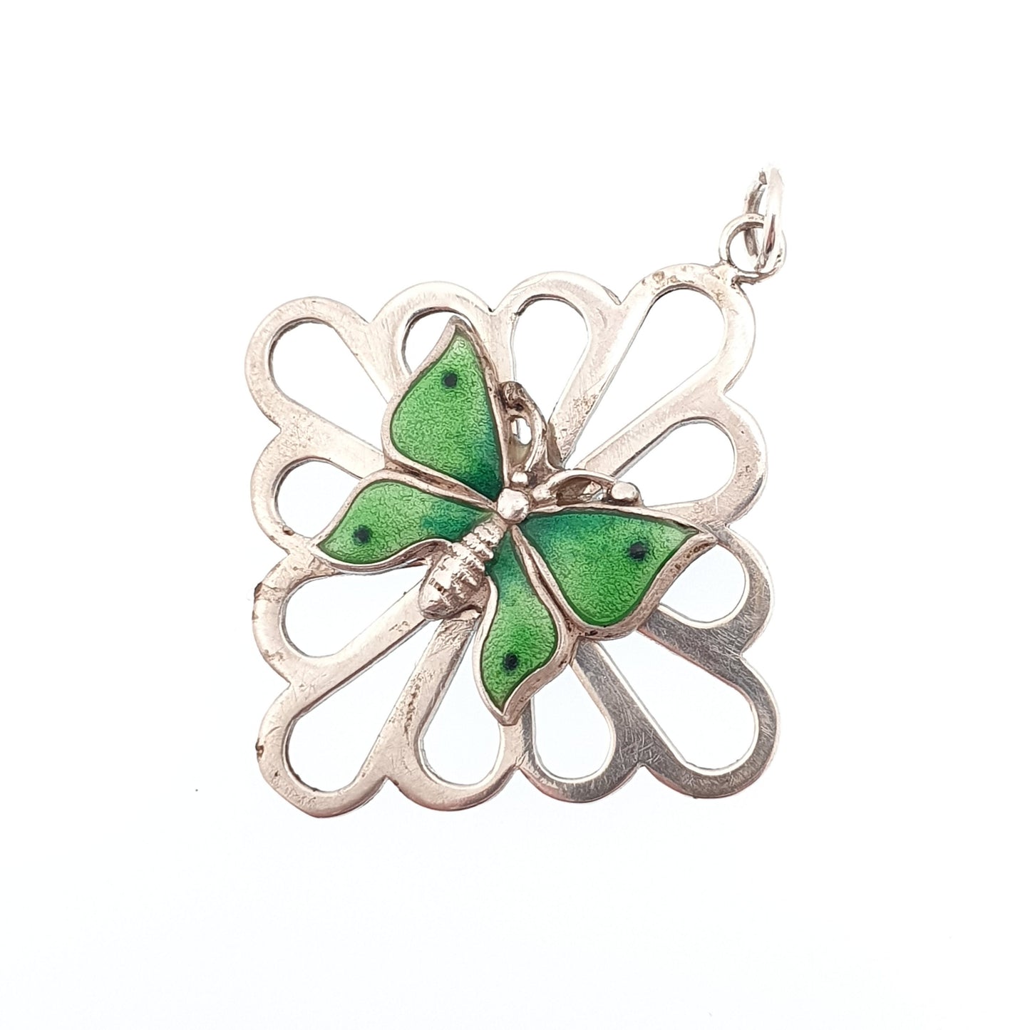 Antique Solid Silver Enamel Butterfly Pendant Necklace Art Nouveau Champleve Paste Insect Elegant Bug Fly Vintage Womens Jewelry Jewellery