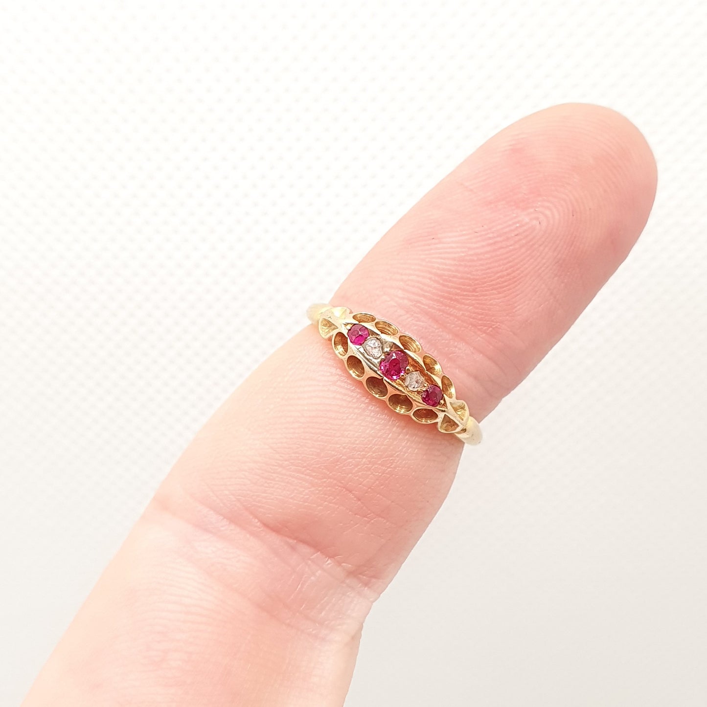 Antique 18ct 18k Gold Ruby & Diamond Ring Solid 750 1908 Hallmarked Edwardian 5 Stone Gypsy Fine Estate Art Nouveau Womens Jewelry Jewellery
