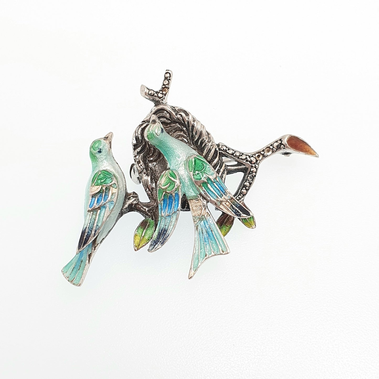 Old Vintage Solid Silver Enamel Bird Brooch Pair of Birds Nest Marcasite Art Deco Style Songbird Solid 925 Unisex Ladies Womens Jewelry
