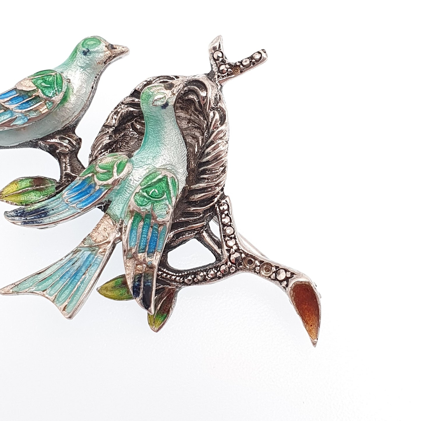 Old Vintage Solid Silver Enamel Bird Brooch Pair of Birds Nest Marcasite Art Deco Style Songbird Solid 925 Unisex Ladies Womens Jewelry