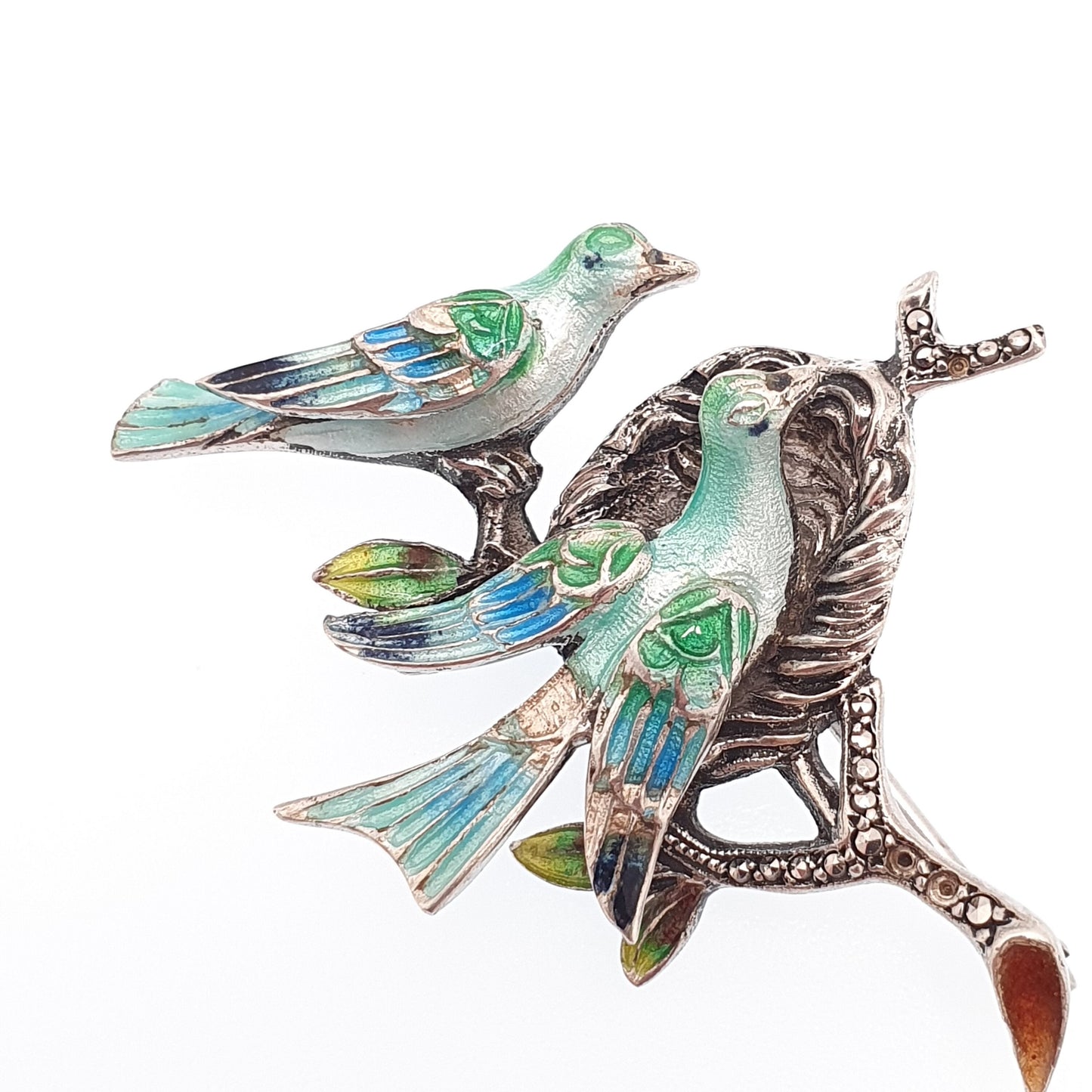 Old Vintage Solid Silver Enamel Bird Brooch Pair of Birds Nest Marcasite Art Deco Style Songbird Solid 925 Unisex Ladies Womens Jewelry