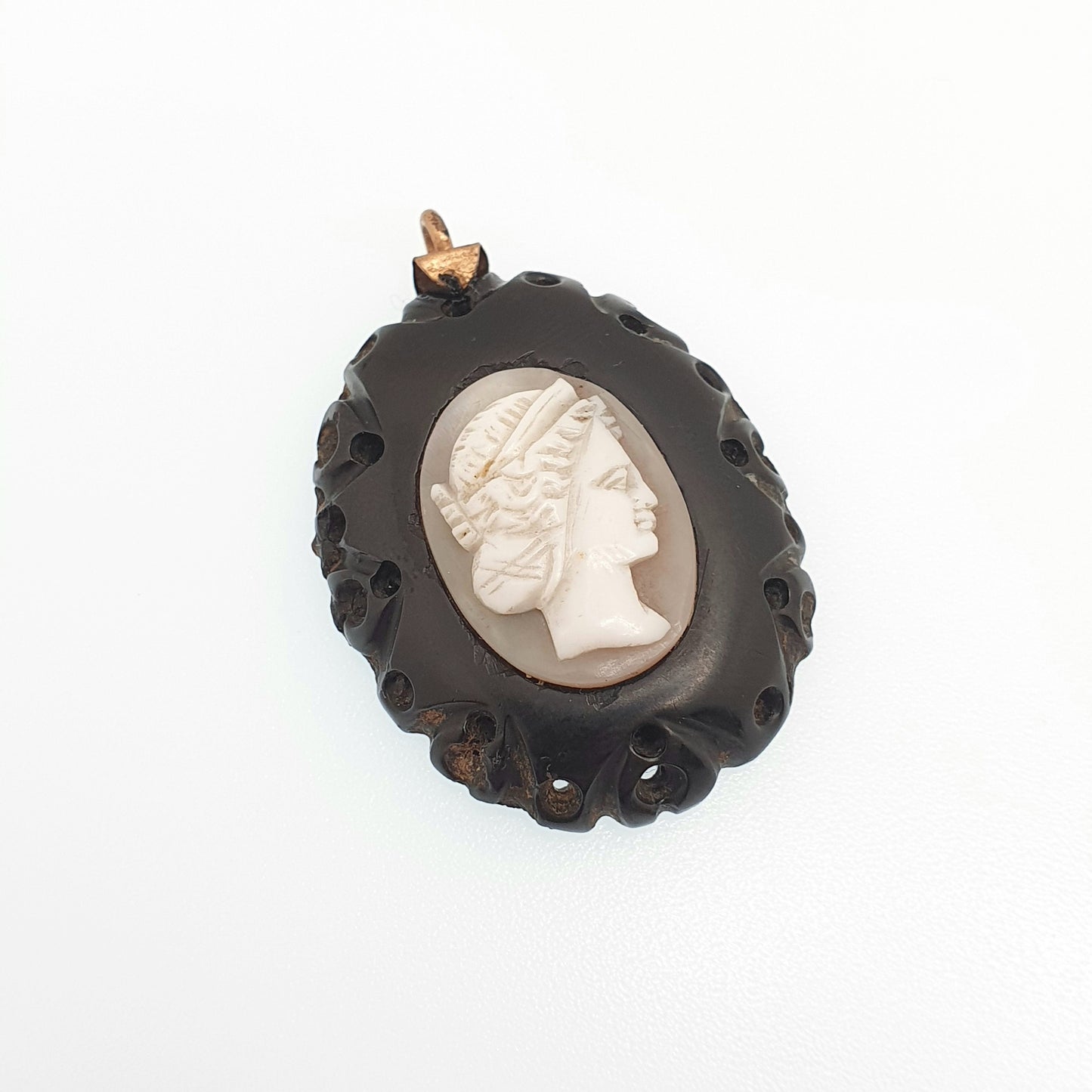 Antique Victorian Whitby Jet Cameo Pendant Necklace Genuine Shell Large Big Hand Carved Mourning Large 1800s Vintage Jewelry Jewellery